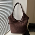 Retro dark brown matte tote bag with bow detail for women, casual commuter style - Brown