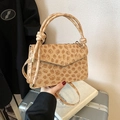 Beige embossed four-leaf clover crossbody bag with knot handle and detachable strap - Khaki
