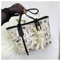 White graffiti tote bag with black street style lettering and plush bunny charm - Black (With Charm)