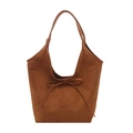 Vintage dark brown frosted suede tote bag with decorative front ribbon bow detail - Brown