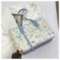 Cream and light blue PU leather tote bag with cute bear and graffiti print patterns - No Pendant / Blue