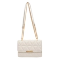 White quilted chain shoulder bag with geometric triangle stitching and gold metal buckle - White