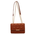 Brown quilted crossbody bag with golden metal trim and triangle pattern on white background - Brown