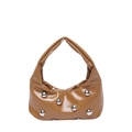 Caramel brown crescent shoulder bag with glossy PU leather and silver metal rivets - Brown