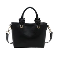 Minimalist black leather bucket tote bag with unique woven knot handles and shoulder strap - Black