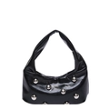 Black glossy crescent shoulder bag with metallic stud accents and minimalist strap design - Black