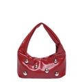 Red high-gloss patent leather handbag with silver stud accents on a white background - Red