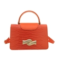 Orange faux leather handbag with lizard pattern and gold wavy metal clasp hardware - Orange