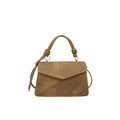 Brown envelope handbag with thick rope handle and golden metal rings in crossbody style - Khaki