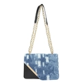 Borsa a tracolla minimalista in denim blu e pelle nera con catena in metallo dorato - Nero