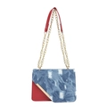 Borsa a tracolla bicolore con patta in denim blu ed ecopelle rossa con catena - Rosso
