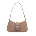 Minimalist beige baguette shoulder bag with large silver buckle and smooth matte leather - Khaki