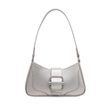 Metallic silver baguette bag with wide buckle strap and polished square metal buckle - Silver