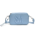 Light blue cross-grain leather crossbody bag with SM logo and wide patterned strap - Blue