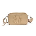 Beige camera bag with wide woven strap and embossed SM logo in crossbody style - Khaki