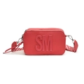 Red crossbody bag with SM logo and wide patterned shoulder strap on white background - Rose Red