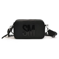 Black Saffiano leather camera bag with SM logo and geometric wide shoulder strap - Black