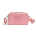 Pink crossbody camera bag with embossed SM logo and geometric pattern wide strap - Pink