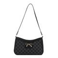 Schwarze Schultertasche mit M-Muster Jacquard und goldener Schleifenschnalle in Weiß - Schwarz