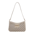 Schicke beige Mondsichel-Achseltasche mit M-Monogramm und goldenem Schleifen-Detail - Weiß