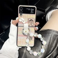 Detail of tweed phone case for Z Flip with rhinestones, heart charm and bead strap - Woven-Love Rhinestone Rabbit-Laser Bead Chain-Colorful Pink / Samsung ZFlip3