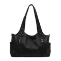 Large black pebbled leather tote bag with silver zippers and double shoulder straps - Black