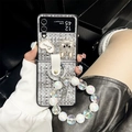 Chic grey woven phone case detail with pearl wrist strap and rhinestone rabbit charm - Woven-Love Rhinestone Rabbit-Laser Bead Chain-Black / Samsung ZFlip3