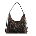 Leoparden-Canvas-Shopper mit schwarzem Schleifen-Lederpatch und Metallösen-Verzierung - Khaki