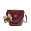 Quilted burgundy bucket bag with gold lock and plush keychain for elegant commuting - No Pendant / Burgundy