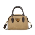 Bolso Boston clásico de lona con ribetes de cuero marrón y placa de logo dorada - Caqui