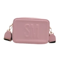 Pink crossbody camera bag with embossed SM logo and stylish wide black white woven strap - Pink