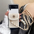 Detail of tweed Samsung Z Flip case with mini pocket, pearl chain and gold rose button - White Camellia Wallet Style / Huawei pocket 2