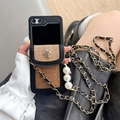Detailed luxury crossbody phone case with a camellia metal clasp and pearl chain strap - Black Camellia Wallet Style / Huawei pocket 2