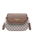 Bolso de montura en contraste de cuero marrón y lona estampada con hebilla dorada - Caqui