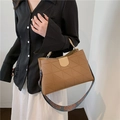 Brown PU leather shoulder bag with geometric quilting and vintage patterned wide strap - Brown