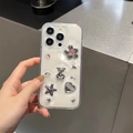 Dettaglio della cover iPhone con orsetto 3D argento, gioielli floreali e texture glitter - Orso Stella Gemma Glitter Bianco / iPhone 7/8/SE 2020