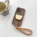 Dettaglio custodia iPhone marrone scuro con supporto orso e cinturino intrecciato - Supporto Orsetto Oro + Corda Corta Intrecciata / iPhone 7/8/SE 2020