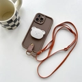 Detail view of brown phone case with bear stand and adjustable crossbody leather strap - Eye-of-Heaven Bear Head Stand + Crossbody Strap / Silver / iPhone 7/8/SE 2020