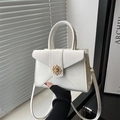 Minimalist white PU leather handbag with gold petal clasp and adjustable shoulder strap - White