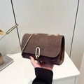 French style brown suede square crossbody bag with gold chain strap and metal buckle - Brown