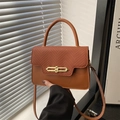 Brown leather crossbody handbag with snake texture flap and gold metal hardware - Snake Pattern Embossed Style / Brown