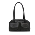 Retro zwarte kunstlederen tote bag met grote voorzakken en dubbele zilveren ritsen - Bruin