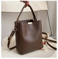 Dark brown matte leather bucket bag with top handle and adjustable shoulder strap - Dark Brown