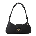 Minimalist black leather baguette shoulder bag with stylish dual-tone ring buckle closure - Black