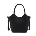 Minimalist black bucket handbag with gold hardware and dual handles on white background - Black