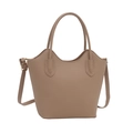 Minimalist light brown bucket bag in PU leather with wavy top edge and handle - Khaki