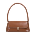 Classic brown PU leather baguette shoulder bag with flap closure and metallic buckle - Tan