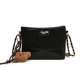 Black quilted crossbody bag with gold chain strap and brown teddy bear pendant - With Ornament / Black