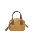 Mustard yellow velvet pillow bag with dual top handles and adjustable shoulder strap - With Ornament / Brown