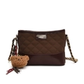 Quilted crossbody bag in burgundy and dark brown with chain strap and plush bear charm - With Ornament / Brown